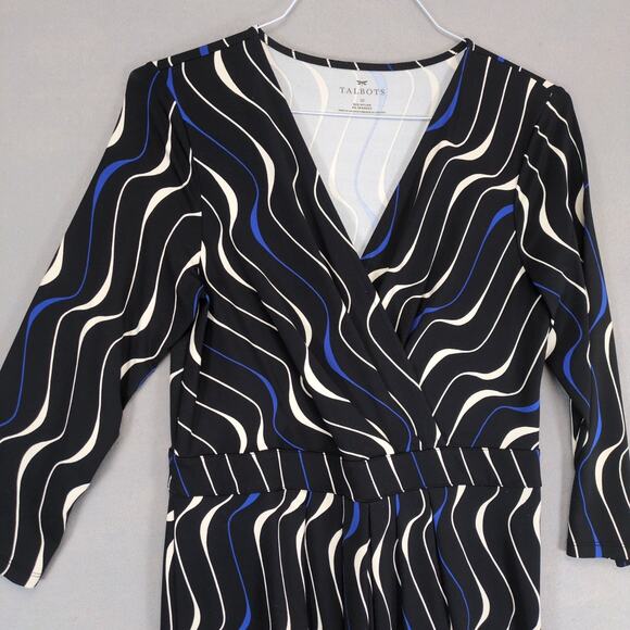 Vtg Talbots Sz 10 Black Whimsical Waves Career Wrap V Midi Dress, Stretch Belted - Picture 4 of 6
